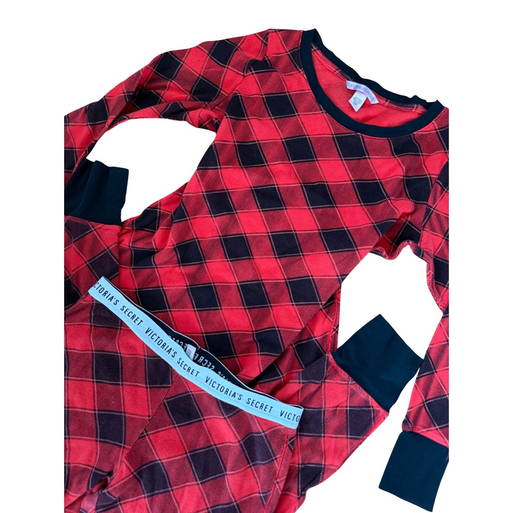 Victoria's Secret Red Black Buffalo Plaid Pajama Set Logo Waistband - Picture 2 of 9